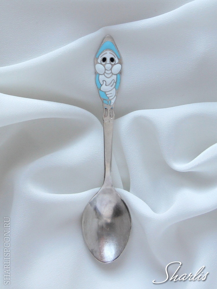 <b>Антикварная серебряная сувенирная ложечка с изображением финского гномика в голубом камзоле на эмали.</b><br />
 (Нажмите чтобы увеличить)